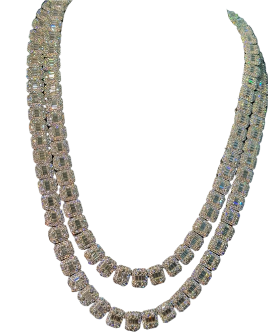 10mm Baguette Moissanite 925 Sterling Silver Tennis Chain and Bracelet